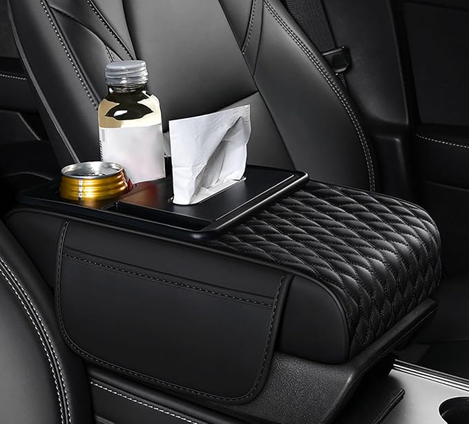 Car Armrest Center Console Cover for Lincoln MKX 2007–2018, Center Console Pad with Cup Holder, Multifunctional Armrest Cushion,B Black