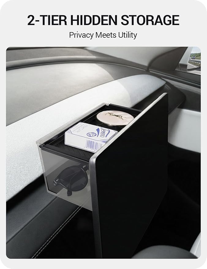 BASENOR Behind Screen Storage for Tesla Model Y Juniper 2025-2026 Model 3 Highland 2024-2026, Hidden Sunglasses Holder Tray with Privacy Protection, Dashboard Center Console Organizer Accessories