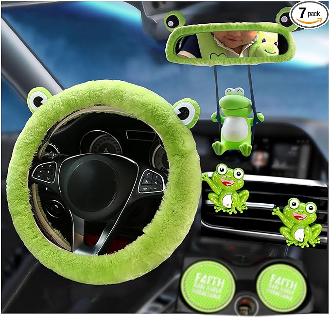 Dotesy 7 Pcs Fluffy Cartoon Frog Car Steering Wheel Cover Set, Wool Steering Wheel Protector with Cup Coasters, Soft Plush Rear Mirror Cover Accessories for Women (Green Frog)