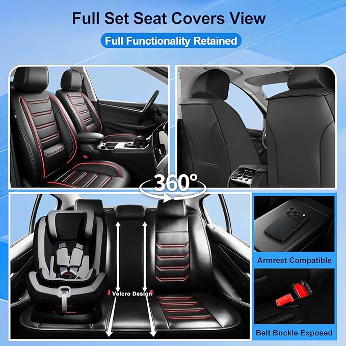 Fit Impala Car Seat Covers (Front Pair) for Select Chevrolet/Chevy Impala 2000-2020 - Premium Full Coverage Leather, Airbag Compatible, Waterproof All Weather Seat Protector, Red Trim