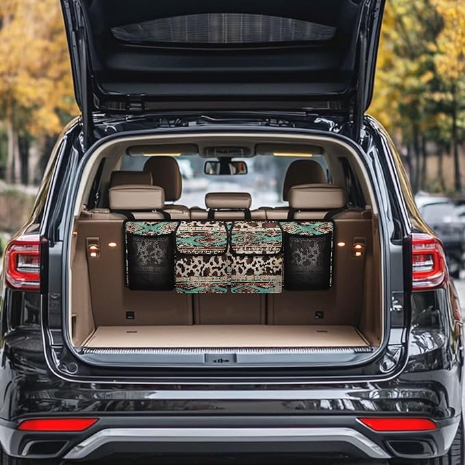Aztec Cow Car Backseat Trunk Organizer with 4 Pockets Hanging Cargo Bag Multipurpose Trunk Storage Bag with 3 Adjustable Buckles