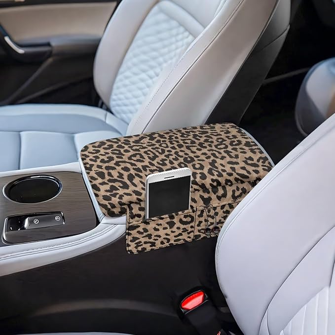 Dreaweet Brown Leopard Print Center Console Cover Thick Arm Rest Cover for Car Women Cheetah Car Accessories Interior Middle Console Cushion Cover Pad with Pockets