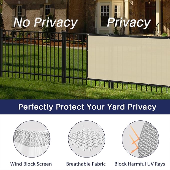 Windscreen4less Privacy Fence Screen Heavy Duty Windscreen Fencing Mesh Fabric Shade Net Cover with Brass Grommtes for Outdoor Wall Garden Yard Pool Deck, 8'x123' Beige