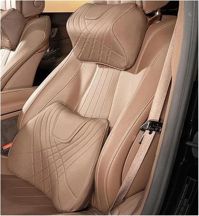 Car Pillow Car Headrest Pillow Set Sewing Leather Lumbar Waist Support Memory Foam Fit for Seat Neck Protctive Cushion Accessories Car Neck Pillow(B)