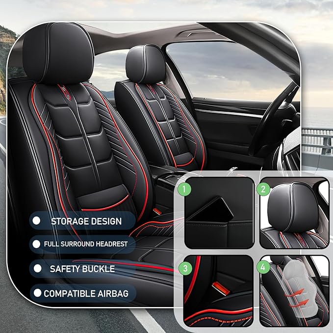 Leather Car Seat Covers Fit for Toyota Camry 2002-2024, 5 Seater Car Seat Cover, Premium Waterproof, Scratch Resistant Car Interior Accessories (Full Set Black Red)