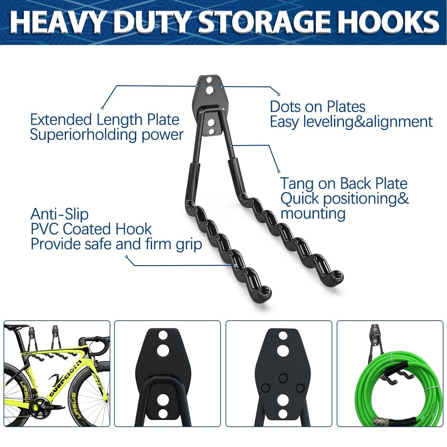 3-H Garage Wall Hooks 42 Pack, Heavy Duty Garage Hooks with Extra Welding Spots, Wall Mount Storage Organizer for Hanging Garden Lawn Tools, Ladder, Bike, WeedEater, Chair, Shovel, Blower (Black)