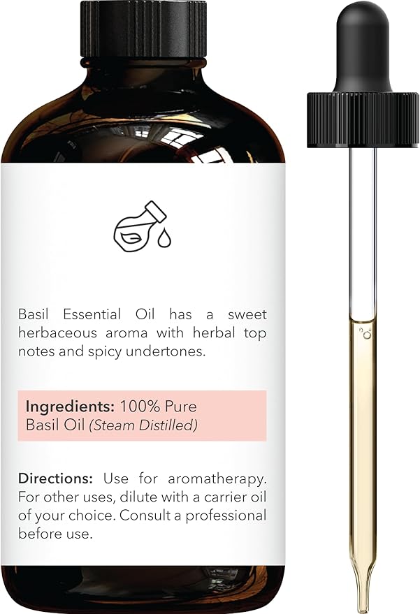 Brooklyn Botany Basil Essential Oil - Huge 4 Fl Oz - 100% Pure and Natural - Premium Grade with Dropper - for Aromatherapy and Diffuser