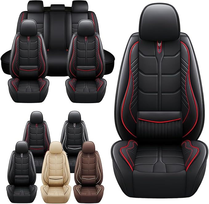 Leather Car Seat Covers Fit for Toyota Sienna 1997-2024, 5 Seater Car Seat Cover, Premium Waterproof, Scratch Resistant Car Interior Accessories (Full Set Black Red)