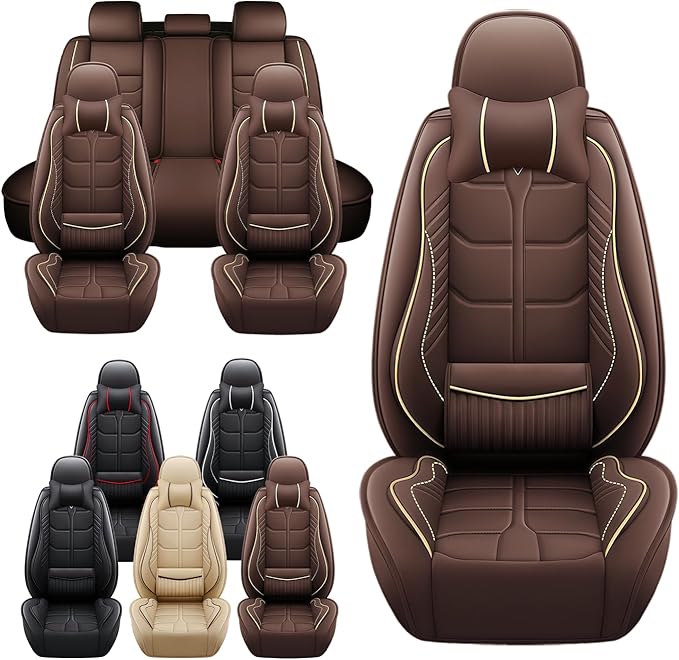 Leather Car Seat Covers Fit for Toyota Avalon Hybrid 2013-2024, 5 Seater Car Seat Cover, Premium Waterproof, Scratch Resistant Car Interior Accessories (Full Set with Pillow Coffee)
