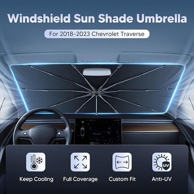 Autorder Windshield Sun Shade Umbrella for 2018-2023 Chevy Chevrolet Traverse SUV Accessories,Upgraded Ice Crystal Material,Easy Setup Umbrella Sunshade for Car Windshield,100% Sun Blocking