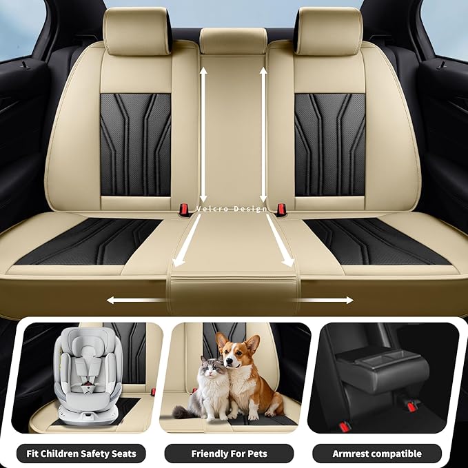 Fit Kona Car Seat Covers for Select Hyundai Kona 2018-2025 2026. Premium Leather, Waterproof， Breathable, Scratch-Resistant & All-Weather Seat Cushion Protector (Full Set, Beige&Black)