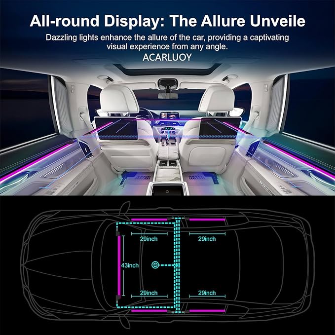 Acrylic Car Interior LED Lights, Wireless App, Ambient Lighting Kit, Fiber Optic LED Light Strips, 24 Million Colors, Music and DIY Functions
