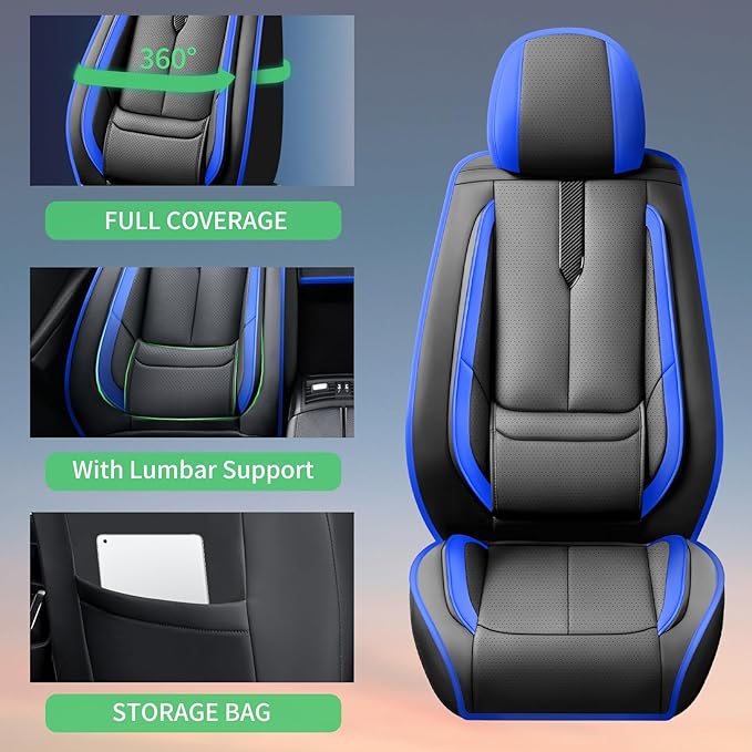 Fit Highlander Car Seat Covers for Toyota Highlander 2007-2026 -Upgraded Premium Waterproof & Breathable Leather,Airbag Compatible,All-Weather Seat Cushion Protector,2 Front/Black-Blue