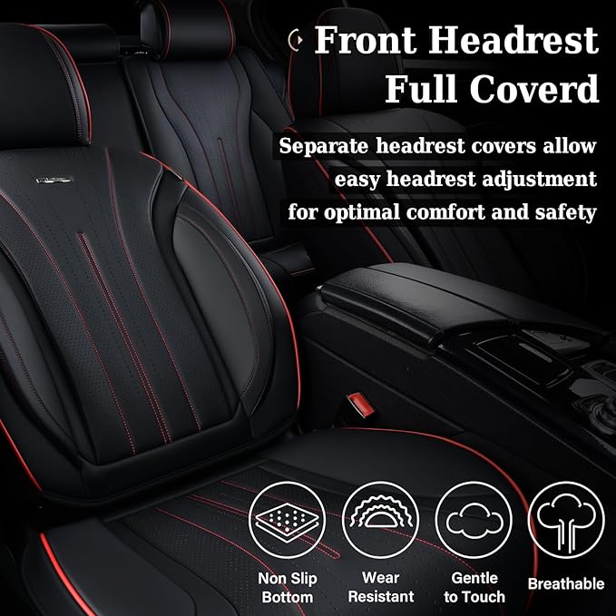 Coverado Front Seat Covers, Luxury Nappa Leather Seat Cover, 2 Pack Waterproof Seat Cover for Cars, Universal Front Car Seat Protector, Breathable Car Seat Cushion Fit for Most Cars(Black &Red Line)
