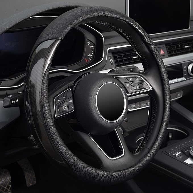KAFEEK Carbon Fiber Steering Wheel Cover, Universal 15 inch, Anti-Slip, Odorless,Black