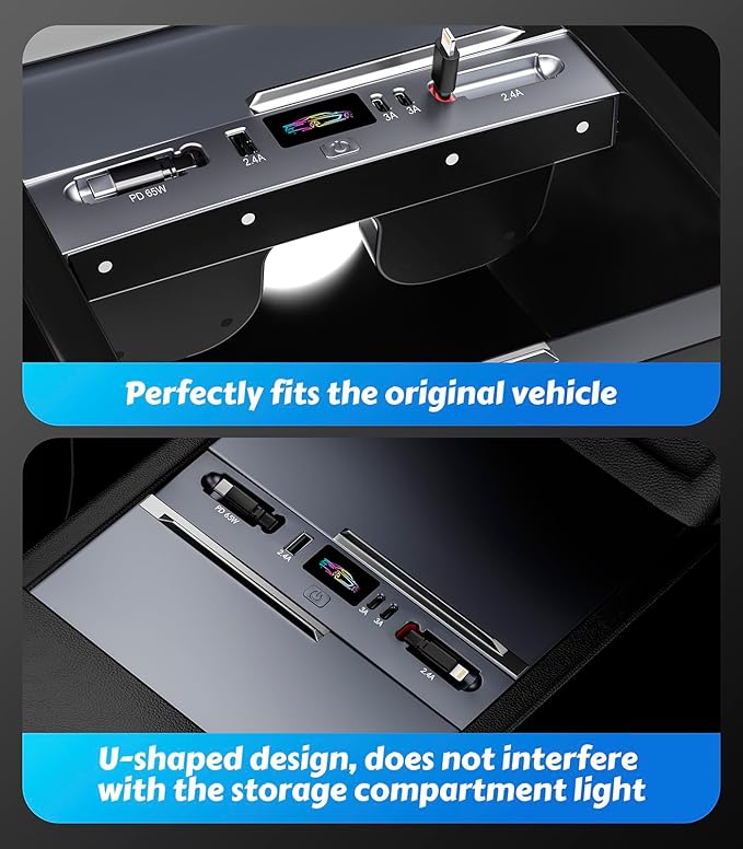 65W Fast Charging Docking Station for Tesla Model 3/Y, 5-in-1 Hub with Retractable USB-C & Lightning Cables, Center Console Organizer with 2 USB-C & 1 USB-A Ports, Fits 2023-2025 Highland