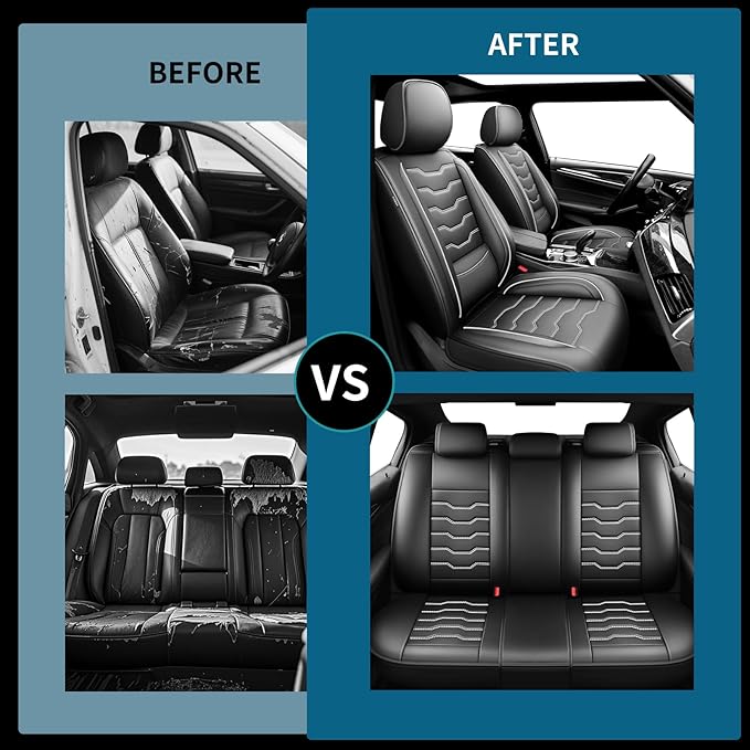 Fit Kona Car Seat Covers for Select Hyundai Kona 2018-2025 2026. Premium Leather, Waterproof， Breathable, Scratch-Resistant & All-Weather Seat Cushion Protector (Full Set, White Line Black)