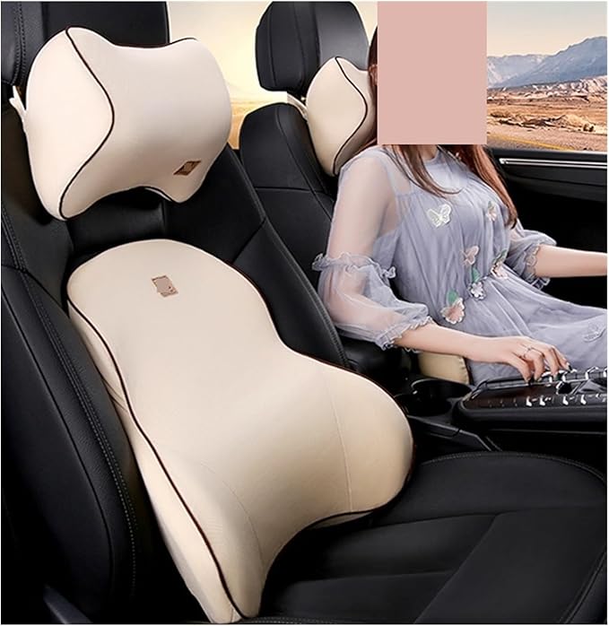 Car Driver Pillow Lumbar Support Back Cushion Fit for Seat Neck Pillow Washable Pillow Cushion(1 Set Beige)