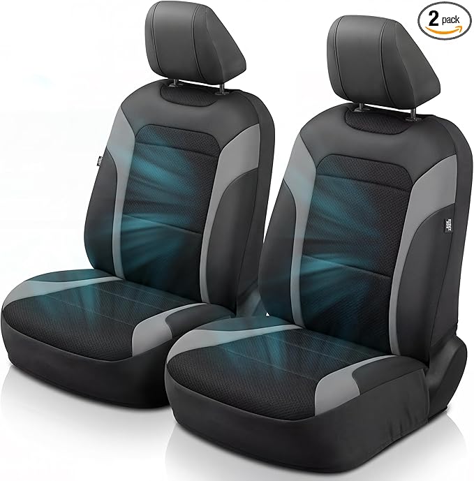 GIANT PANDA Air Cool Mesh Car Seat Cover Custom Fit Toyota Rav4 Camry Highlander Corolla Prius,Breathable Cooling Seat Protector with Leather Back Pannel(Black+Gray)