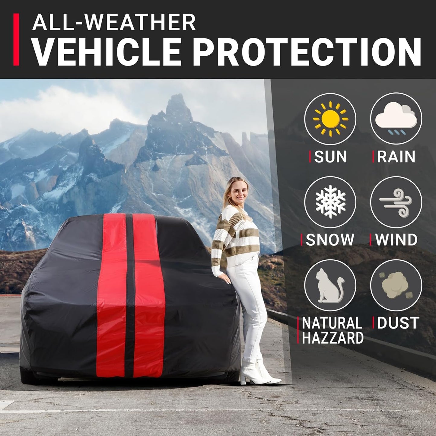 iCarCover Custom Car Cover for Pontiac Ventura II (1971-1977) Waterproof All-Weather Rain Snow UV Sun Protector Full Exterior Indoor Outdoor Car Cover (Stripe - Black/Red)