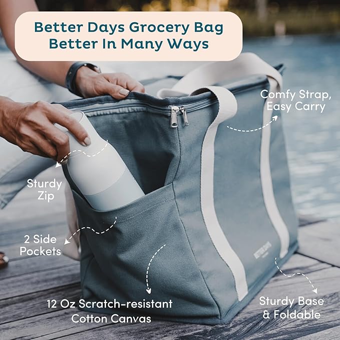 Nook Theory Reusable Insulated Grocery Bag - Leak Proof, X Large Cooler Bag - Insulated Shopping Bags for Groceries - Travel Cooler Bag for Frozen and Hot Food with Zippered Top (Ocean)