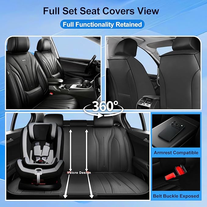 Car Seat Covers for Select Honda Fit 2007-2020, Premium Full Coverage Leather, Airbag Compatible & Scratch-Resistant, Waterproof & All Weather Breathable Seat Protector, Full Set, Black