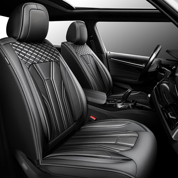 Fit Murano Car Seat Covers Compatible with Nissan Murano 2004-2025 2026 - Premium Leather， Waterproof Breathable， All-Weather Seat Cushion Protecto&Airbag Compatible (2 Front Seat All Black)