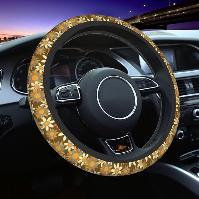 Flowers Cute Steering Wheel Cover Non-Slip Breathable Sweat-Absorbent Suitable for SUV Van Truck Car Universal Protection Accessories 15 Inch Suitable for Women Men
