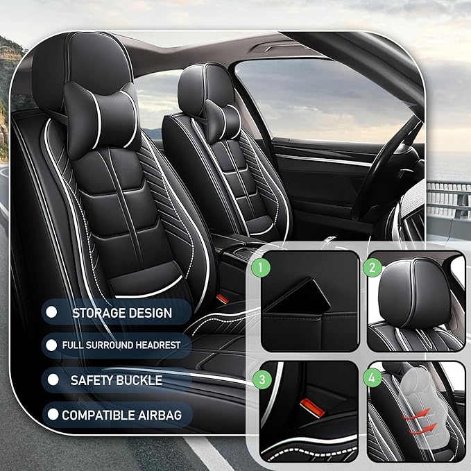 Leather Car Seat Covers Fit for Toyota Yaris Sedan 2019-2020, 5 Seater Car Seat Cover, Premium Waterproof, Scratch Resistant Car Interior Accessories (Full Set with Pillow Black White)