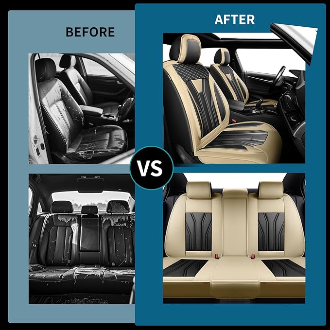 Fit Kicks Car Seat Covers Premium Leather Compatible with Nissan Kicks 2018 2019-2026 (5 Seats Full Set Waterproof Breathable All-Weather Seat Cushion Protector（5 Seats Beige & Black)