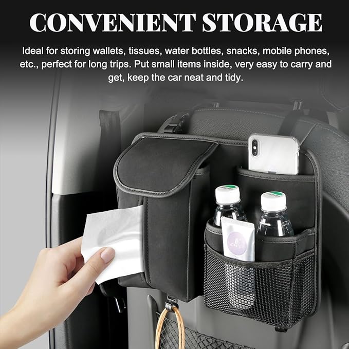 Car Back Seat Organizer, Multi Pockets Car Hanging Seat Back Headrest Organizer with Hook, Durable Car Seat Storage Bag, Universal Travel Accessories with Tissue Box Net Pocket (Blue)