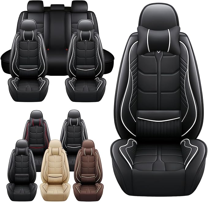 Leather Car Seat Covers Fit for Toyota Yaris Sedan 2019-2020, 5 Seater Car Seat Cover, Premium Waterproof, Scratch Resistant Car Interior Accessories (Full Set with Pillow Black White)