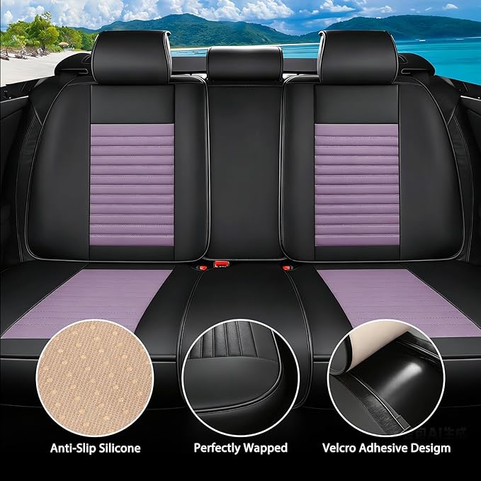 Car Seat Covers Full Set Fit for Toyota RAV4 2001-2025, Premium Faux Leather Car Seat Protector,Breathable Anti-Slip Full Wrapping Edge Seat Covers(Black&Purple,Full Set)