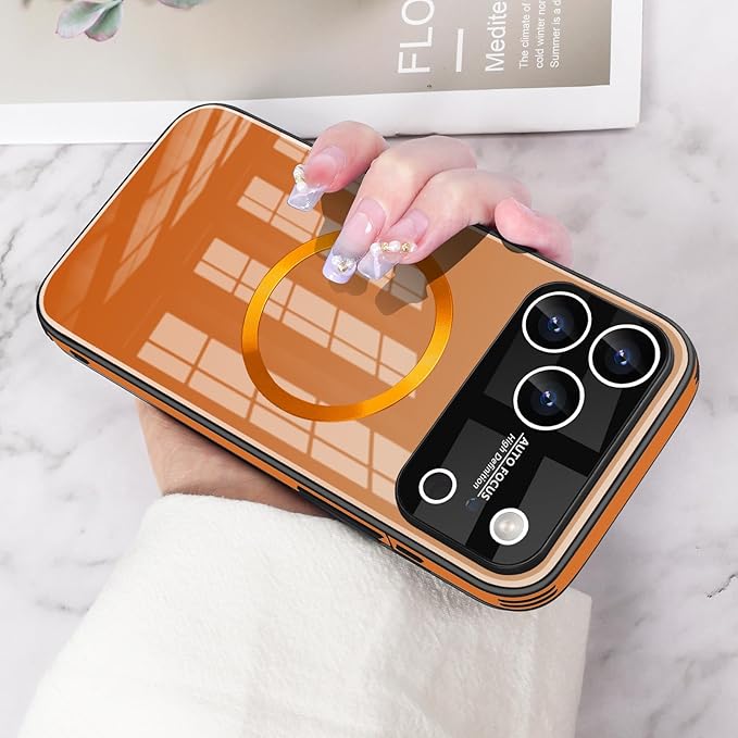Guppy Compatible with iPhone 17 Pro Magnetic Case, with Full Camera Lens Protector [Compatible with MagSafe] Scratch Resistant Gradient Glass Back Cover Phone Case-Orange