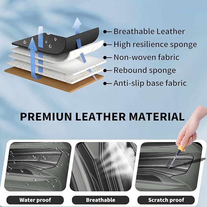 Fit Leaf Car Seat Covers Compatible with Nissan Leaf 2012-2025 2026 - Full Set Premium Leather， Waterproof Breathable， All-Weather Seat Cushion Protecto&Airbag Compatible （Gray & Black