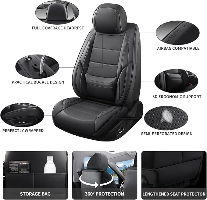 Car Seat Covers Full Set Custom Fit For Chevrolet/Chevy Malibu 2000-2025 2026 - Premium Faux Leather with Lumbar Support, Breathable, Waterproof, Anti-Slip, Durable, Easy to Install (Black, Full Set)