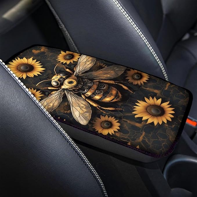 Suobstales Bee Sunflower Print Car Armrest Pad Soft Center Console Arm Rest Protector Cover Universal Car Interior Accessories Decoration