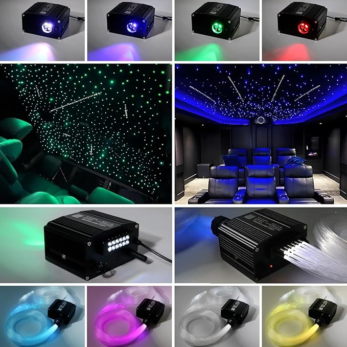 AKEPO 12W Shooting Star+Twinkle All-in-one Fiber Optic Lights Kit, Car Home Use 460pcs of (0.03+0.04+0.06in) 9.8ft +240pcs Meteor Optical Fiber Remote Music Sync APP Control Star Ceiling Sky Light