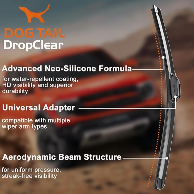 DOG TAIL Water Repellent Silicone Wiper Blades 24" 18" Set with Multiple Adapters and 2 Refills, Automotive Replacement Front Windshield Wiper Blades for My Car with Water Repellency Formula DropClear