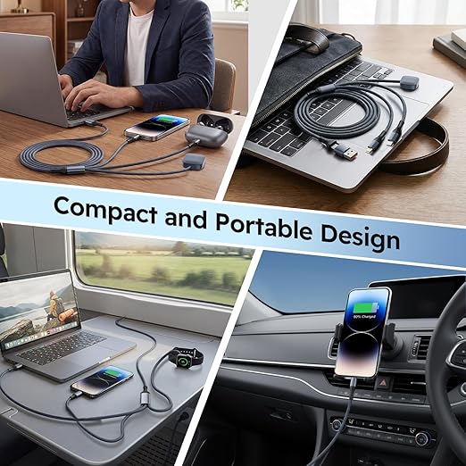 Travel Essentials 3in2 Multi Charging Cable for iPhone Watch Charger,USB A/C to Type C/IP/iWatch Charger, Charging Cords for Multiple Devices Compatible with iWatch Series&iPhone 17-12 5FT