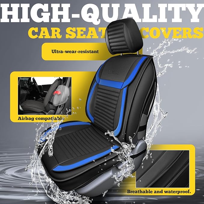 LINGVIDO Full Set Car Seat Covers, Faux Nappa Leather, Airbag Compatible and Waterproof Protectors for Sedans SUVs, Breathable Interior for Active Families, Pets, and Commuters (5 Seats, Black/Blue)