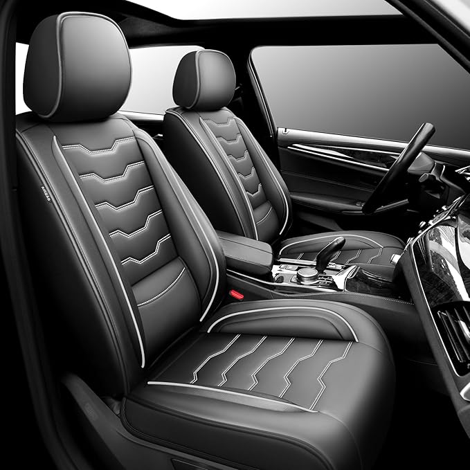 Fit Prius Car Seat Covers for Toyota Prius 2001-2025 2026 -Premium Leather, Waterproof，Breathable，All-Weather Seat Cushion Protecto & Airbag Compatible, 2 Front Seat White Line Black