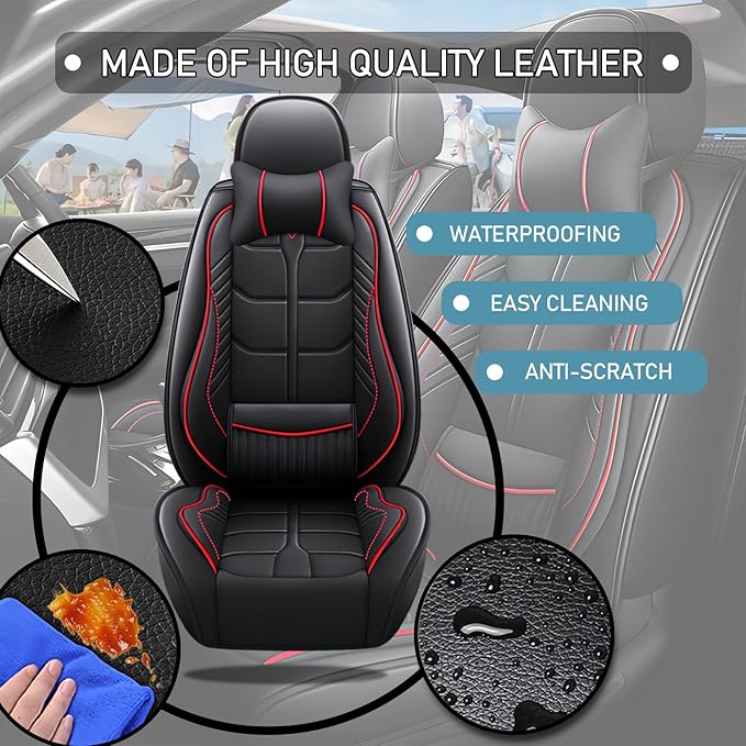 Leather Car Seat Covers Fit for Toyota Matrix 2003-2013, 5 Seater Car Seat Cover, Premium Waterproof, Scratch Resistant Car Interior Accessories (Full Set with Pillow Black Red)