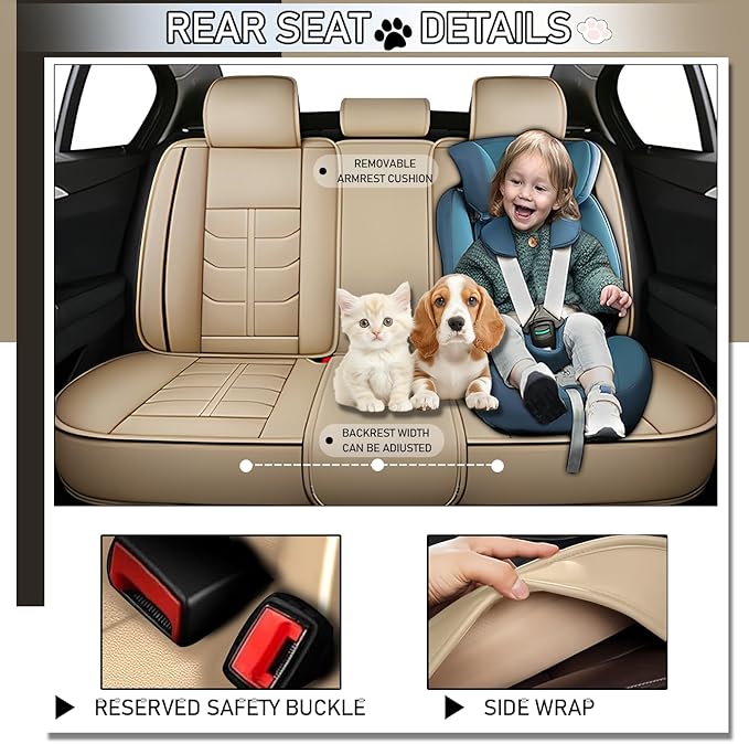 Leather Car Seat Covers Fit for Toyota Sequoia 2001-2024, 5 Seater Car Seat Cover, Premium Waterproof, Scratch Resistant Car Interior Accessories (Full Set with Pillow Beige)