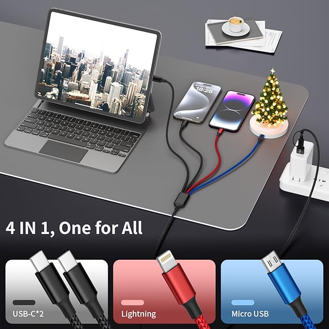 Travel 4 in 2 Charging Cable with Dual Type-C Port, USBA/C Multi Charging Cable Cords for Multiple Devices, Multiple Phone Charger Cord for iPhone17-8, Android, iPad, Car Accessories (3Packs 5FT)