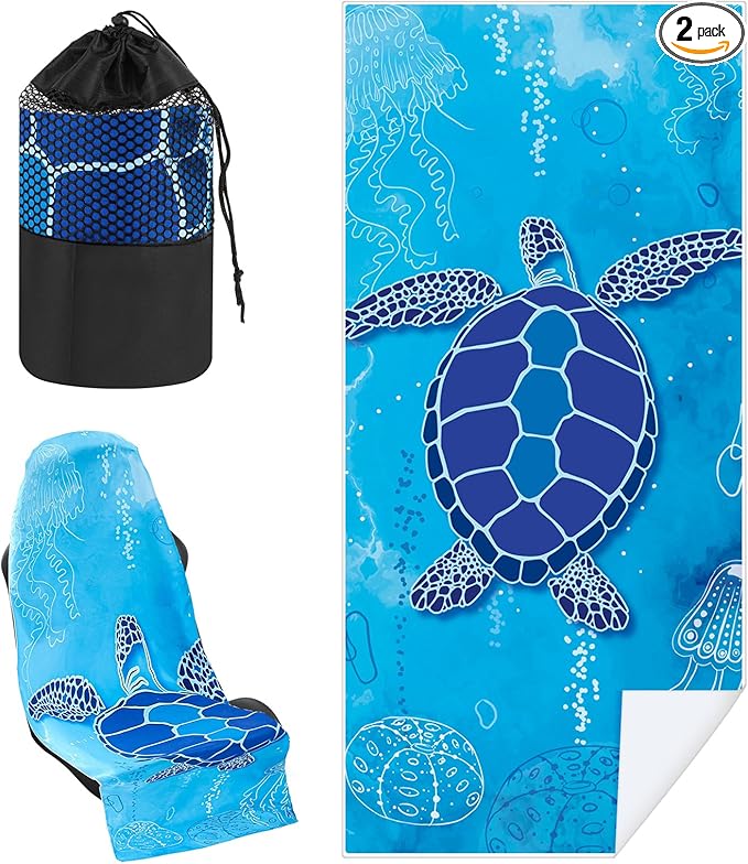 2 Pack Car Seat Towel Covers with Storage Bag 63 x 32 Inch Athletic Running Towel Seat Sweat Washable Non Slip Cover Gift for Car Outdoor Sport Activities (Sea Turtles)