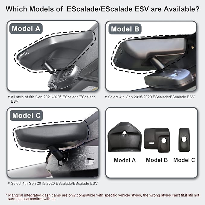 Mangoal Front 4K & Rear 1080p Dash Cam for Cadillac Escalade/Escalade ESV 2015-2020(Model C), Model B & Model C Have Same Models Years but Vehicle Sensor Cover are Different, WiFi and App, 128GB Card