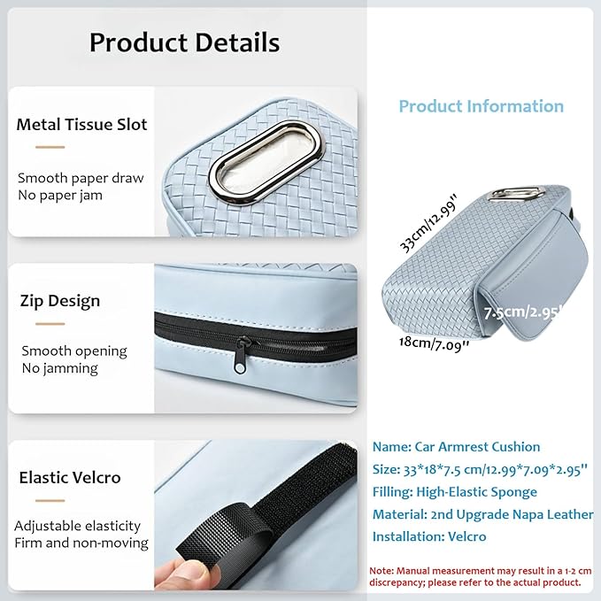 Car Armrest Cushion Cover Car Center Console Memory Foam Booster Pad with Storage Pocket and Tissue Hole for Sedan Vehicle (Black, 12.99 * 7.09 * 2.95'' / 33 * 18 * 7.5 cm)