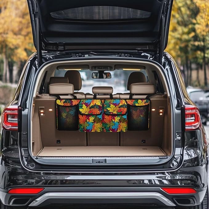Hanging Trunk Organizer Car Back Seat Storage Bag Colorful Maple Leaves Auto Cargo Bag with 4 Pockets Auto Accessories for SUV MPV Sedans Pickup Jeep Trucks