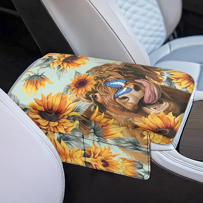 Dreaweet Sunflower Highland Cow Arm Rest Cover for Car Women Thick Center Console Cover with Pockets Soft Comfortable Car Armrest Cushion Universal Console Covers for SUV Trucks